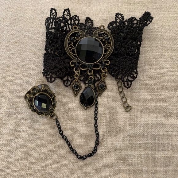 Gothic Victorian Black Lace Bracelet Ring Chain Set, Choker & Tassel Cuff Bundle - Picture 2 of 8
